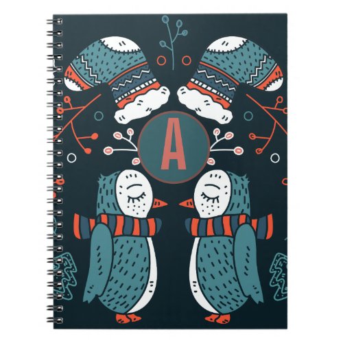 Monogrammed Folk Art Christmas Blue Red Owls Trees Notebook