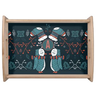 Monogrammed Folk Art Christmas Blue Red Owls Trees Serving Tray