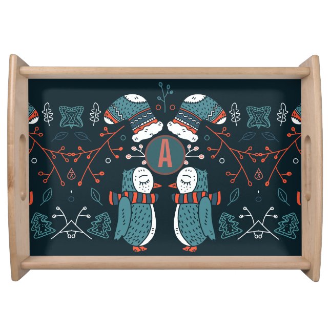 Monogrammed Folk Art Christmas Blue Red Owls Trees Serving Tray (Front)
