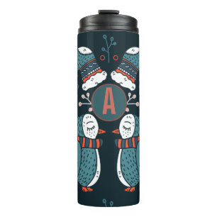 Monogrammed Folk Art Christmas Blue Red Owls Trees Thermal Tumbler