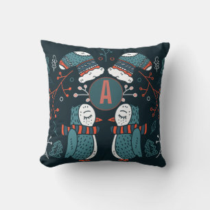 Monogrammed Folk Art Christmas Blue Red Owls Trees Throw Pillow