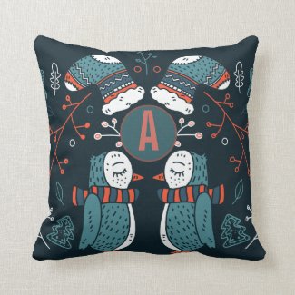 Monogrammed Folk Art Christmas Blue Red Owls Trees Throw Pillow