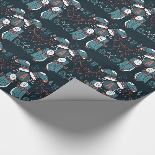 Monogrammed Folk Art Christmas Blue Red Owls Trees Wrapping Paper