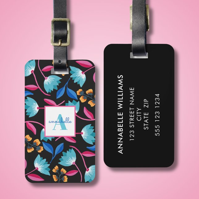 Monogrammed Folk Art Floral Pattern Luggage Tag (Colour folk art floral pattern luggage tag with monogram, first name and contact details to reverse.)