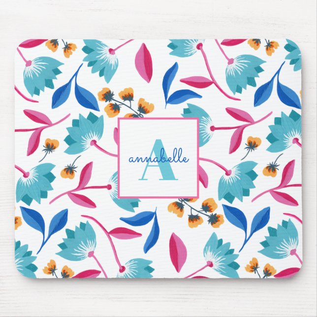 Monogrammed Folk Art Floral Pattern Mouse Pad (Front)