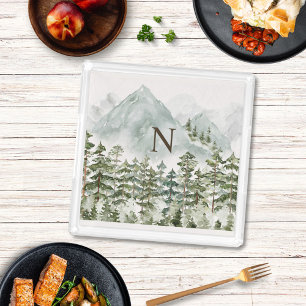Monogrammed Forest and Mountain Nature Watercolor Acrylic Tray