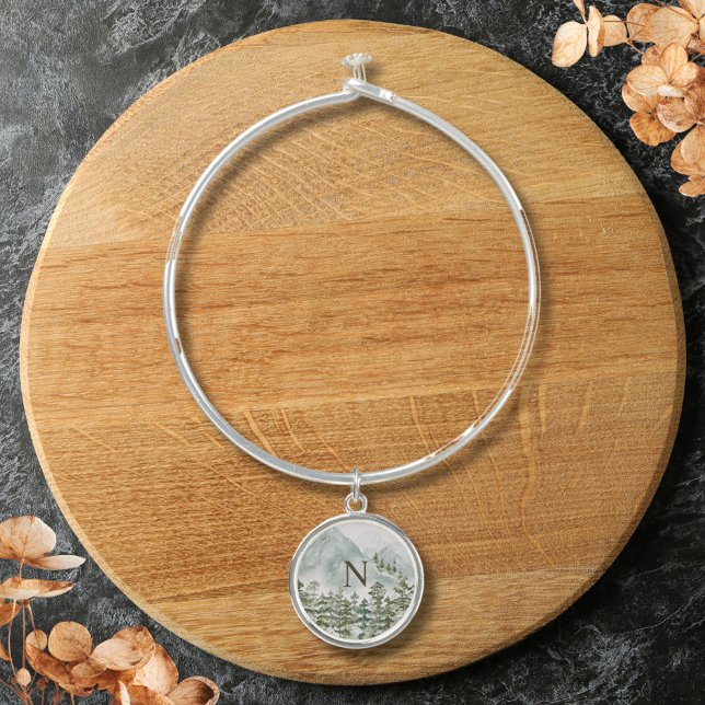 Monogrammed Forest and Mountain Nature Watercolor Bangle Bracelet (Close up)
