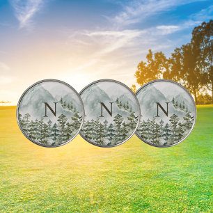 Monogrammed Forest and Mountain Nature Watercolor Golf Ball Marker