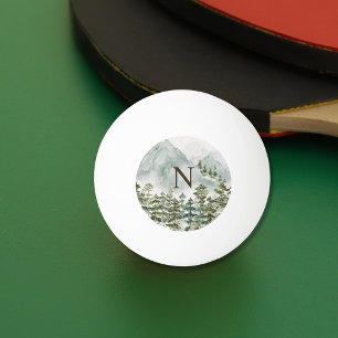 Monogrammed Forest and Mountain Nature Watercolor Ping Pong Ball