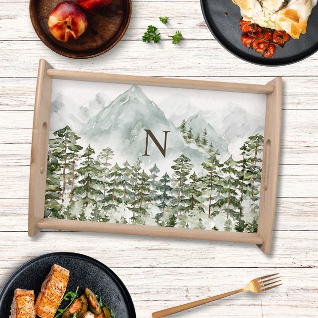 Monogrammed Forest and Mountain Nature Watercolor Serving Tray (In situ)