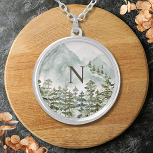 Monogrammed Forest and Mountain Nature Watercolor Silver Plated Necklace