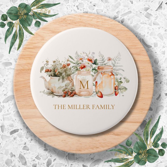 Monogrammed Forest Floral Botanical Family Name Button (In situ)
