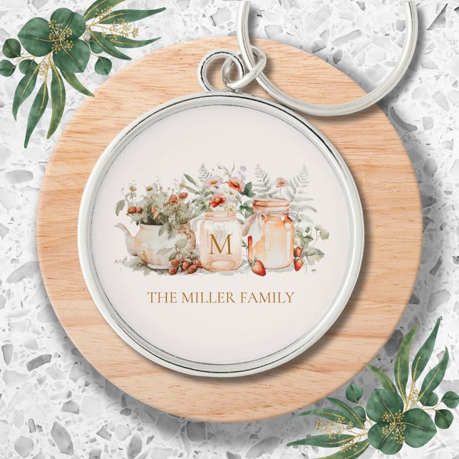 Monogrammed Forest Floral Botanical Family Name Keychain (In situ)