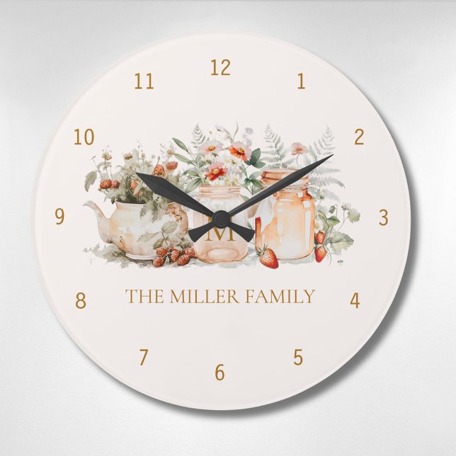 Monogrammed Forest Floral Botanical Family Name Large Clock (In situ)