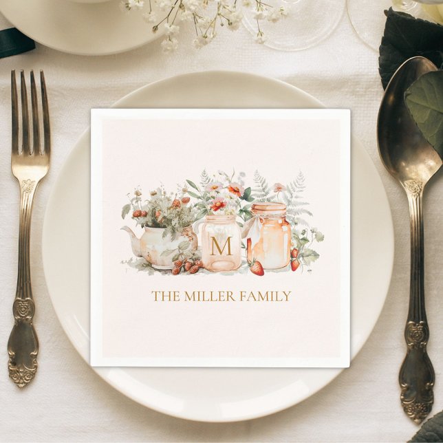 Monogrammed Forest Floral Botanical Family Name Napkins (In situ)