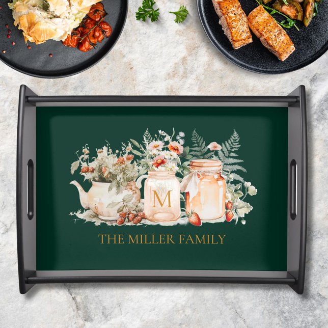 Monogrammed Forest Floral Botanical Family Name Serving Tray (In situ)
