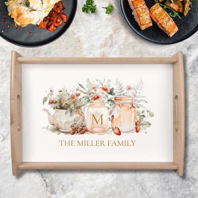 Monogrammed Forest Floral Botanical Family Name Serving Tray (In situ)