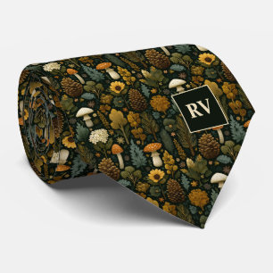 Monogrammed Forest Mushroom Autumn Pinecone Neck Tie