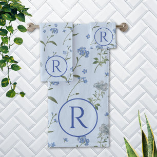 Monogrammed Forget Me Not Blue Floral Watercolor Bath Towel Set