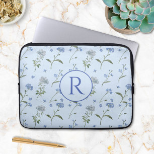 Monogrammed Forget Me Not Blue Floral Watercolor Laptop Sleeve