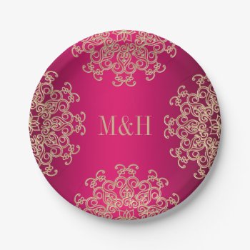 Monogrammed Fuchsia And Gold Indian Style Wedding Paper Plates by OccasionInvitations at Zazzle