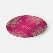 Monogrammed Fuchsia and Gold Indian Style Wedding Paper Plates (Angled)