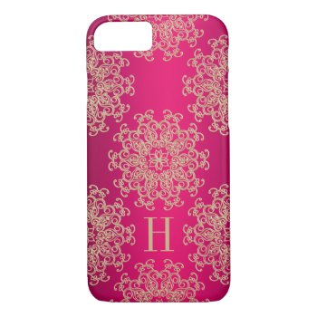 Monogrammed Fucshia And Gold Exotic Medallion Iphone 8/7 Case by cutecases at Zazzle
