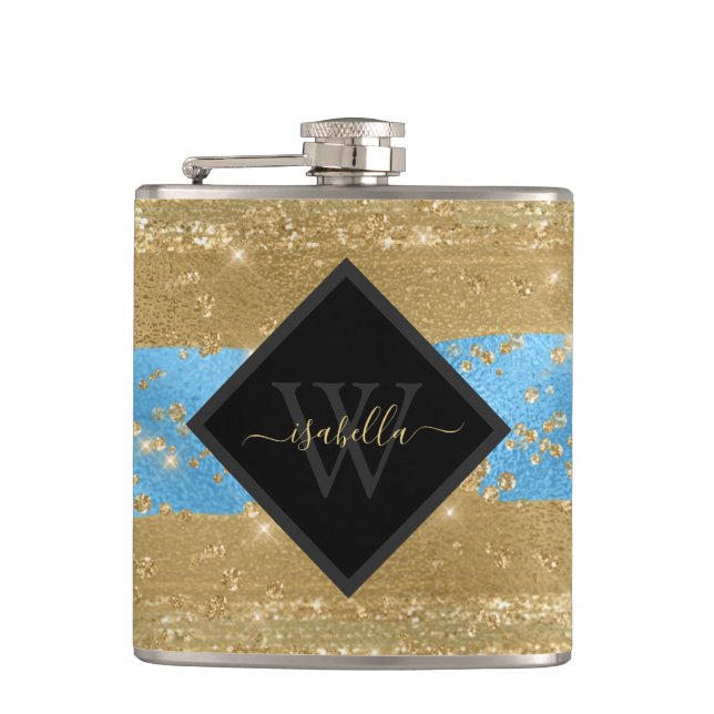 Monogrammed Fun Modern Gold Glitter Script Flask (Front)