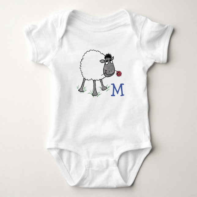 Monogrammed Fun Silly Sheep with Red Flower Baby Bodysuit (Front)