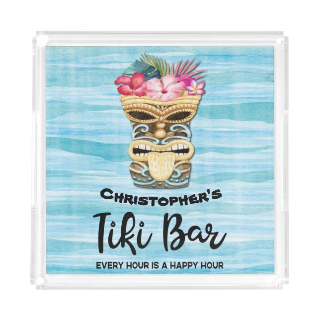 Monogrammed Funny Tiki Bar Party Acrylic Tray (Front)