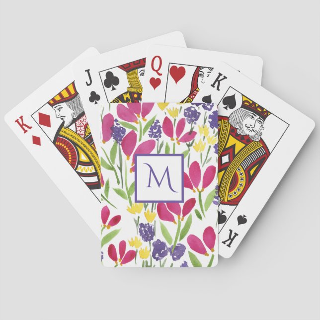 Monogrammed Garden Flowers  Pink Purple Yellow Poker Cards (Back)