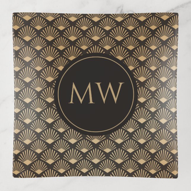 Monogrammed Gatsby Art Deco Geometric Fan Pattern Trinket Tray (Front)