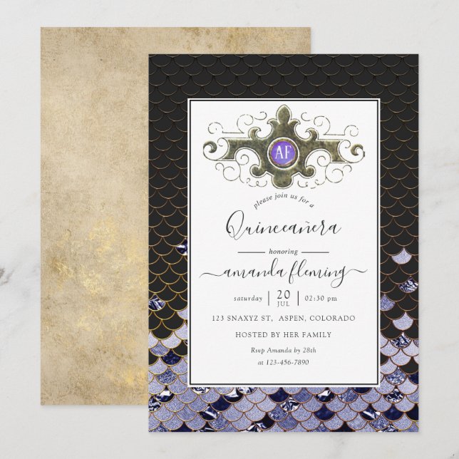 Monogrammed Gemstone Mermaid Quinceañera Invitation (Front/Back)