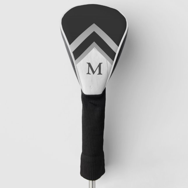 Monogrammed Geometric Chevron Black Silver Marble Golf Head Cover (Front)