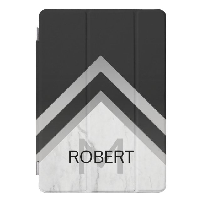 Monogrammed Geometric Chevron Black Silver Marble iPad Pro Cover (Front)