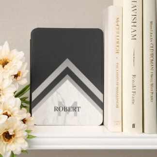 Monogrammed Geometric Chevron Black Silver Marble Kindle Cover