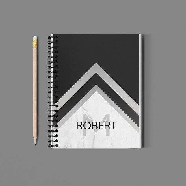 Monogrammed Geometric Chevron Black Silver Marble Notebook (Creator Uploaded)