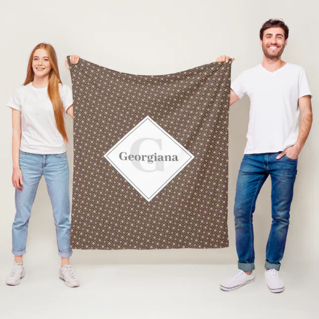 Monogrammed Geometric Warm Neutrals Diamond Checks Fleece Blanket (In Situ)