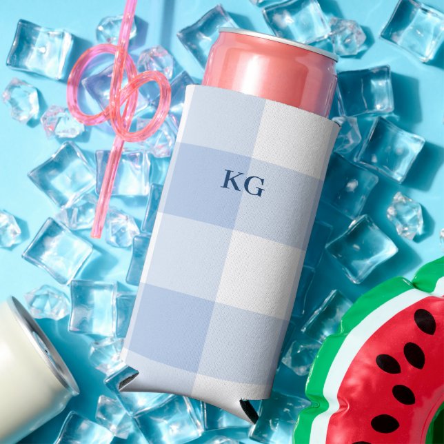 Monogrammed Gingham Check Blue Seltzer Can Cooler (In Situ Summer)