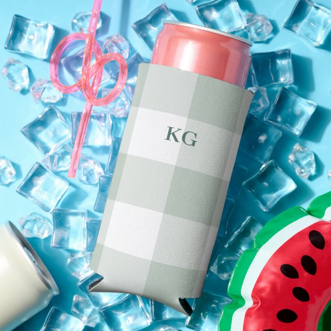Monogrammed Gingham Check Green Seltzer Can Cooler (In Situ Summer)