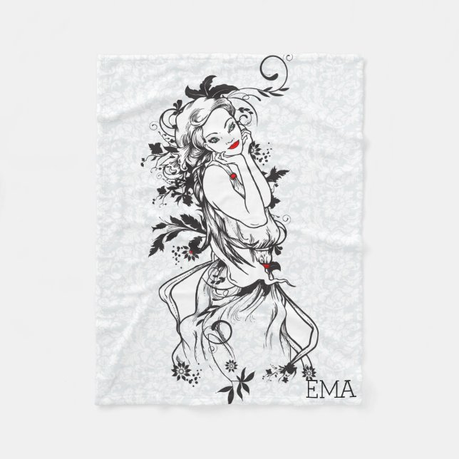 Monogrammed Girl With Red Lips Fleece Blanket (Front)