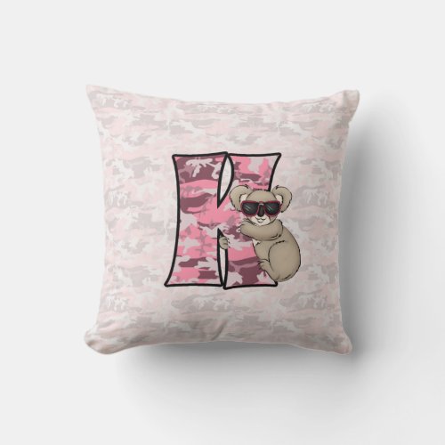 Monogrammed Girls Pink Camouflage Koala Letter K Throw Pillow