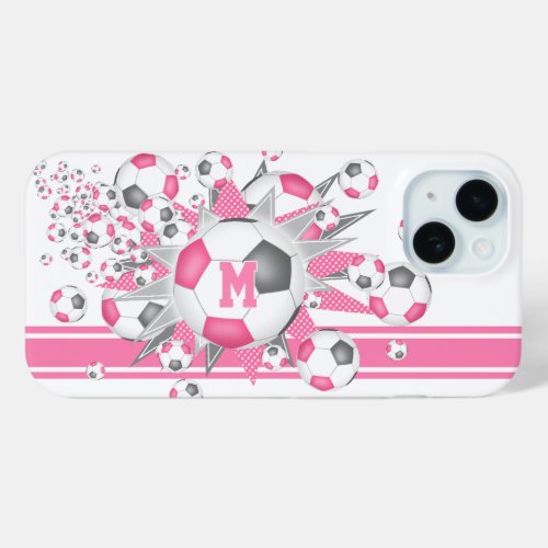 monogrammed girls soccer ball blowout pink gray  iPhone 15 case