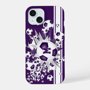 monogrammed girls soccer ball blowout purple iPhone 15 case
