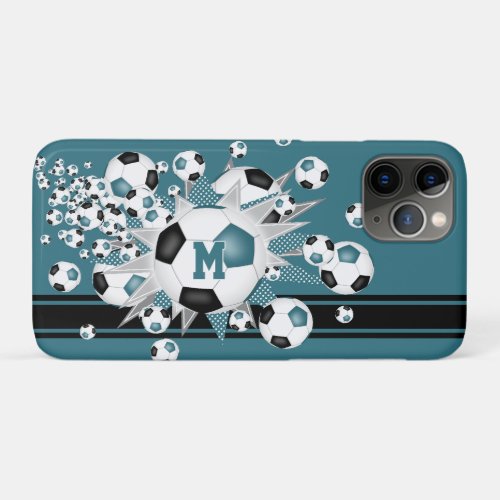 monogrammed girls soccer balls stars teal black iPhone 11 pro case