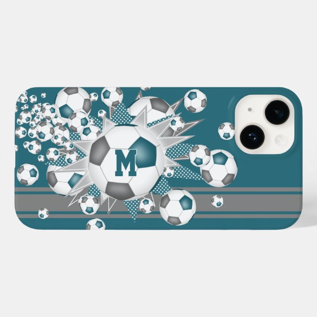 monogrammed girls soccer balls stars teal gray Case-Mate iPhone case (Back (Horizontal))