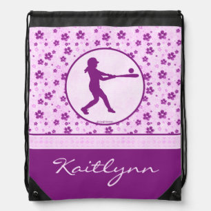 Monogrammed Girl's Softball Purple Hearts Floral Drawstring Bag