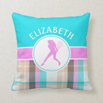 Monogrammed Girl's Tennis Summer Tartan Throw Pillow by GollyGirls at Zazzle