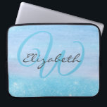 Monogrammed Girly Blue Ombre Soft Glitter Shimmer Laptop Sleeve<br><div class="desc">Girly laptop sleeve which you can personalize with your monogram. Add your initial and your name in aqua blue and dark grey elegant script typography to this chic and trendy ombre backdrop. The ombre is a blend of woodgrain and soft shimmer glitter dust in pretty aqua blue. Please browse our...</div>
