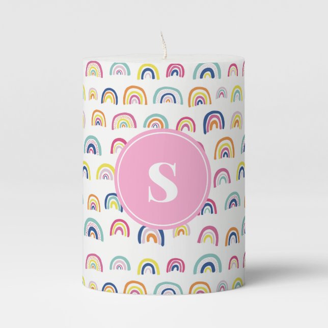 Monogrammed Girly Cute Rainbow Pattern Pillar Candle (Front)
